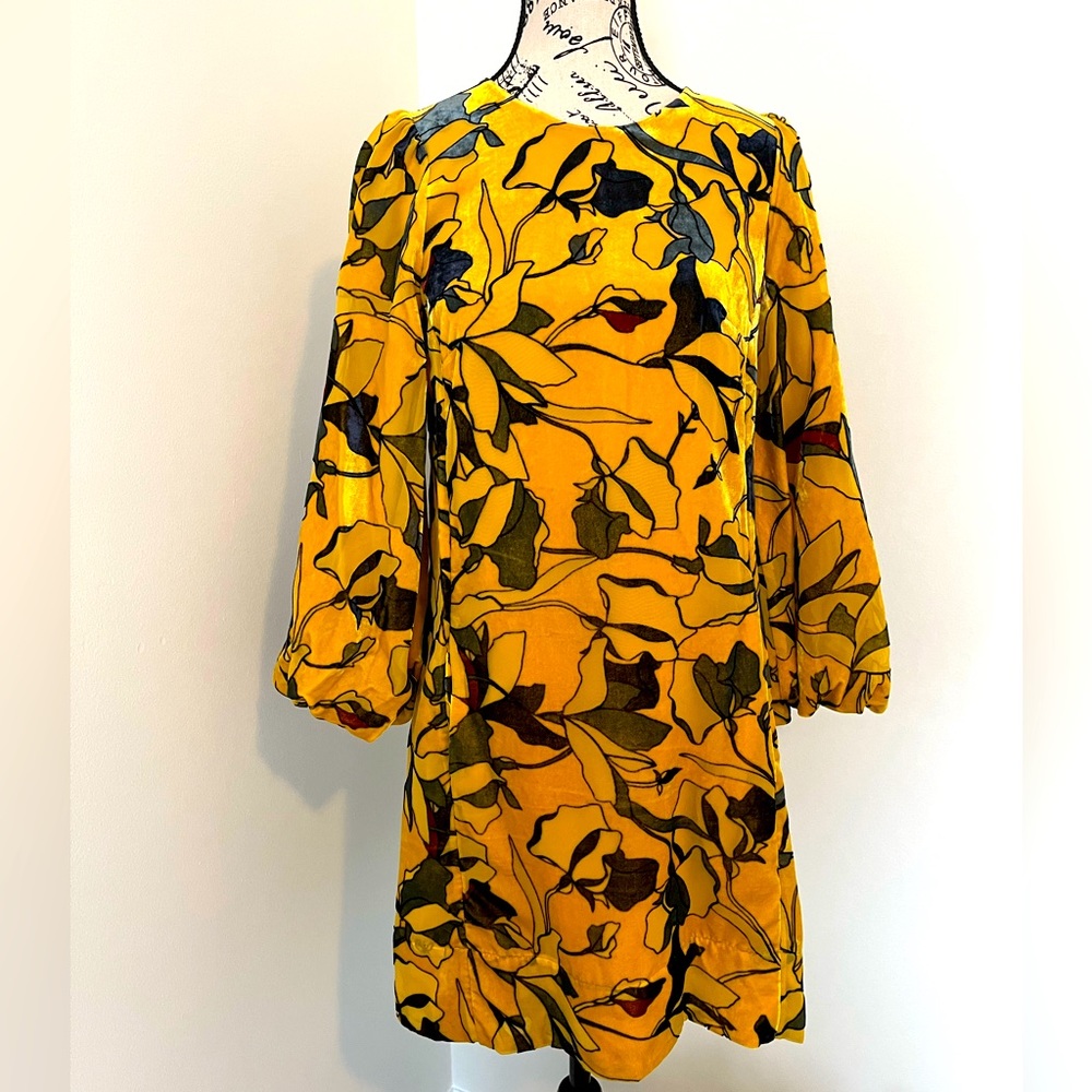 French Connection yellow, grey and burgundy velvet dress. size 2